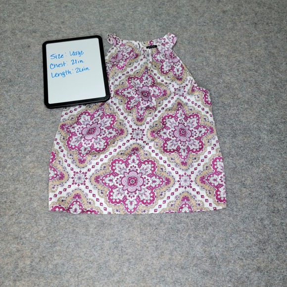 Ann Taylor Women's Sleeveless Halter Top Large Purple Beige Floral Print - Picture 1 of 6